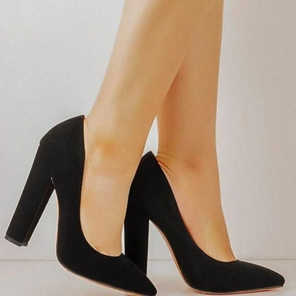 BRAND NEW BLACK SUEDE  WOMEN'S POINTED TOE BLOCK HEEL PUMPS - Picture 1 of 16